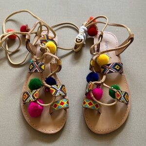 Francesca multi color Pom Pom tie sandals